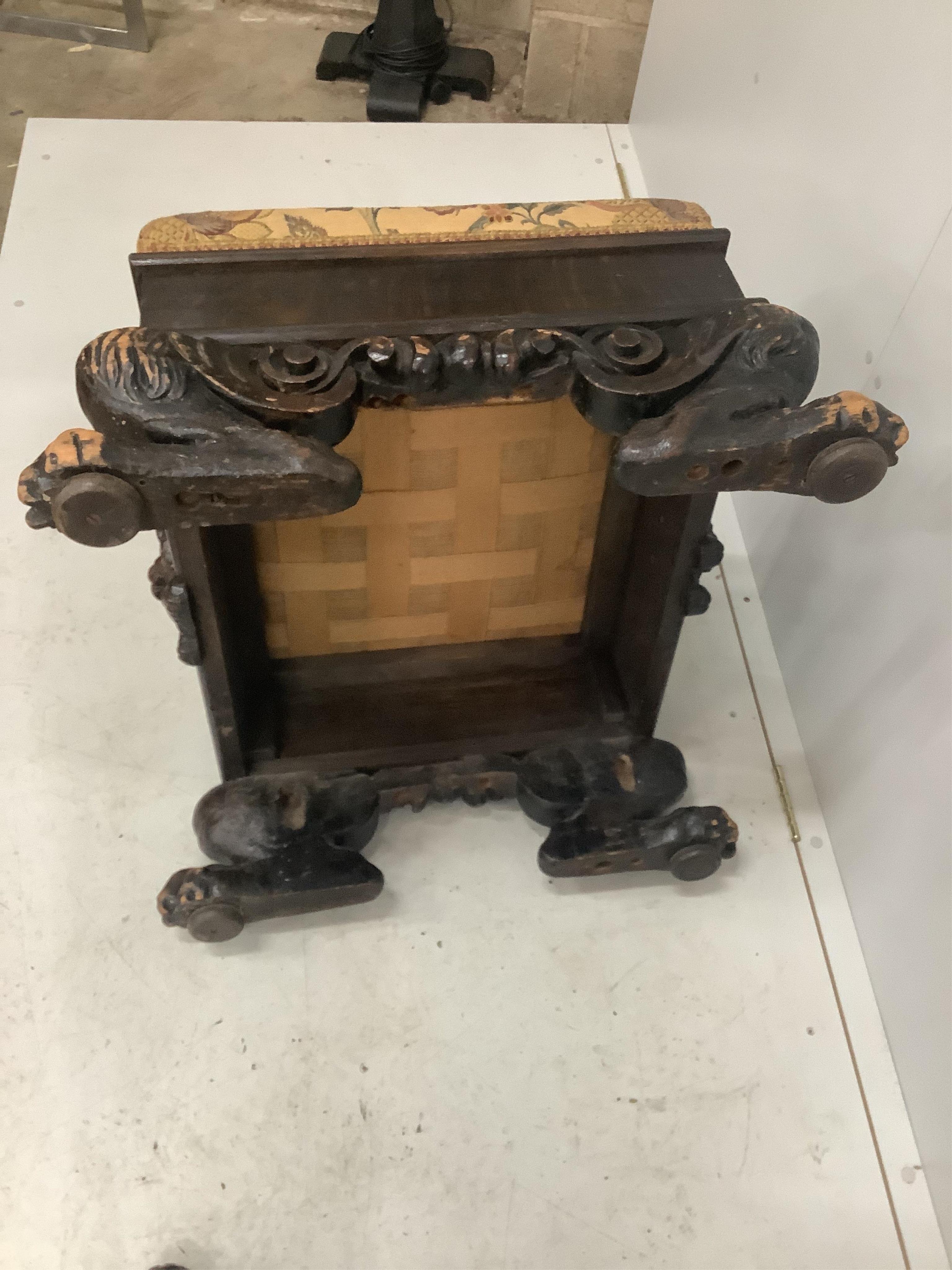 A Victorian oak rectangular topped stool, width 74cm, depth 66cm, height 44cm. Condition - fair